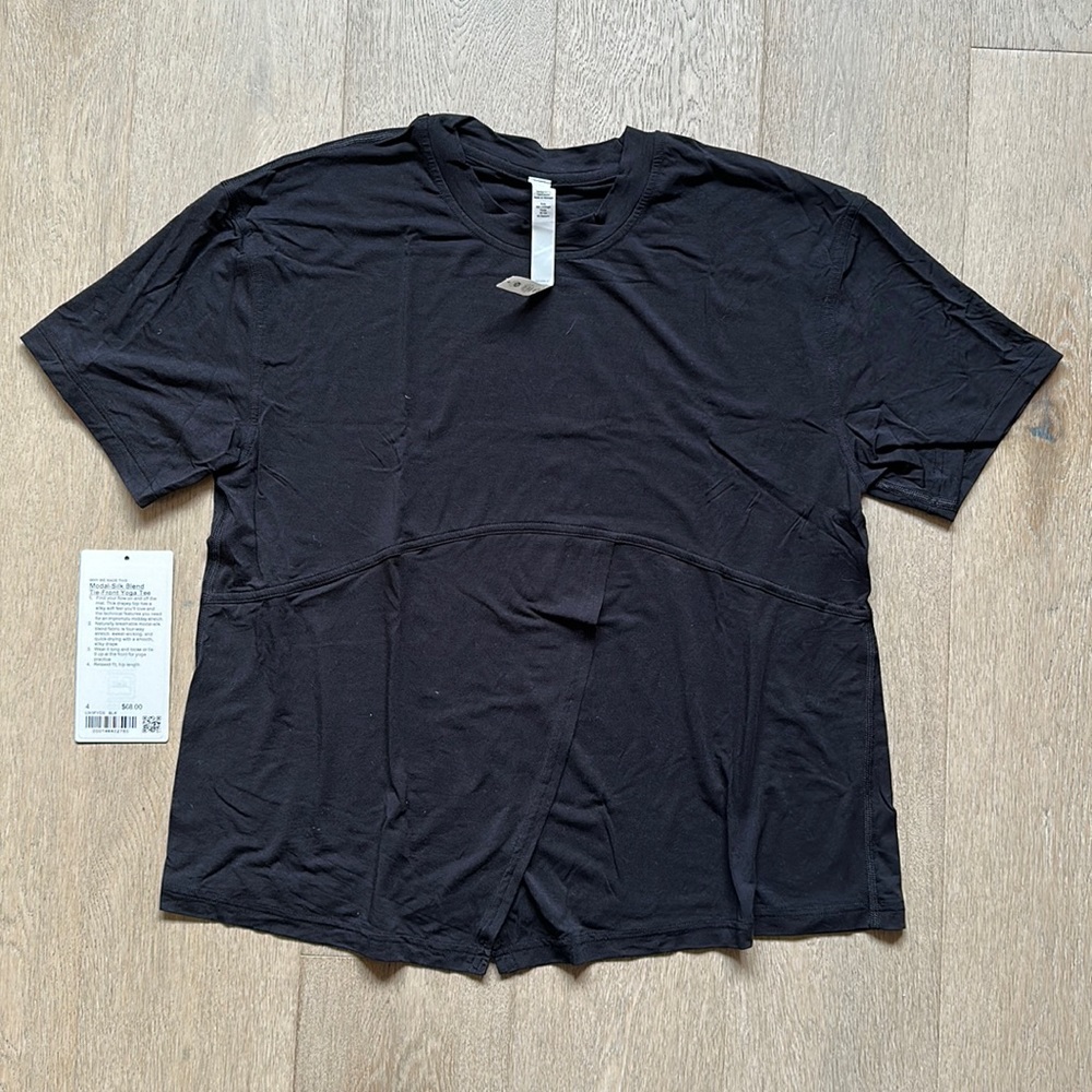 modal silk blend tie front yoga t shirt black size 4 lululemon euc